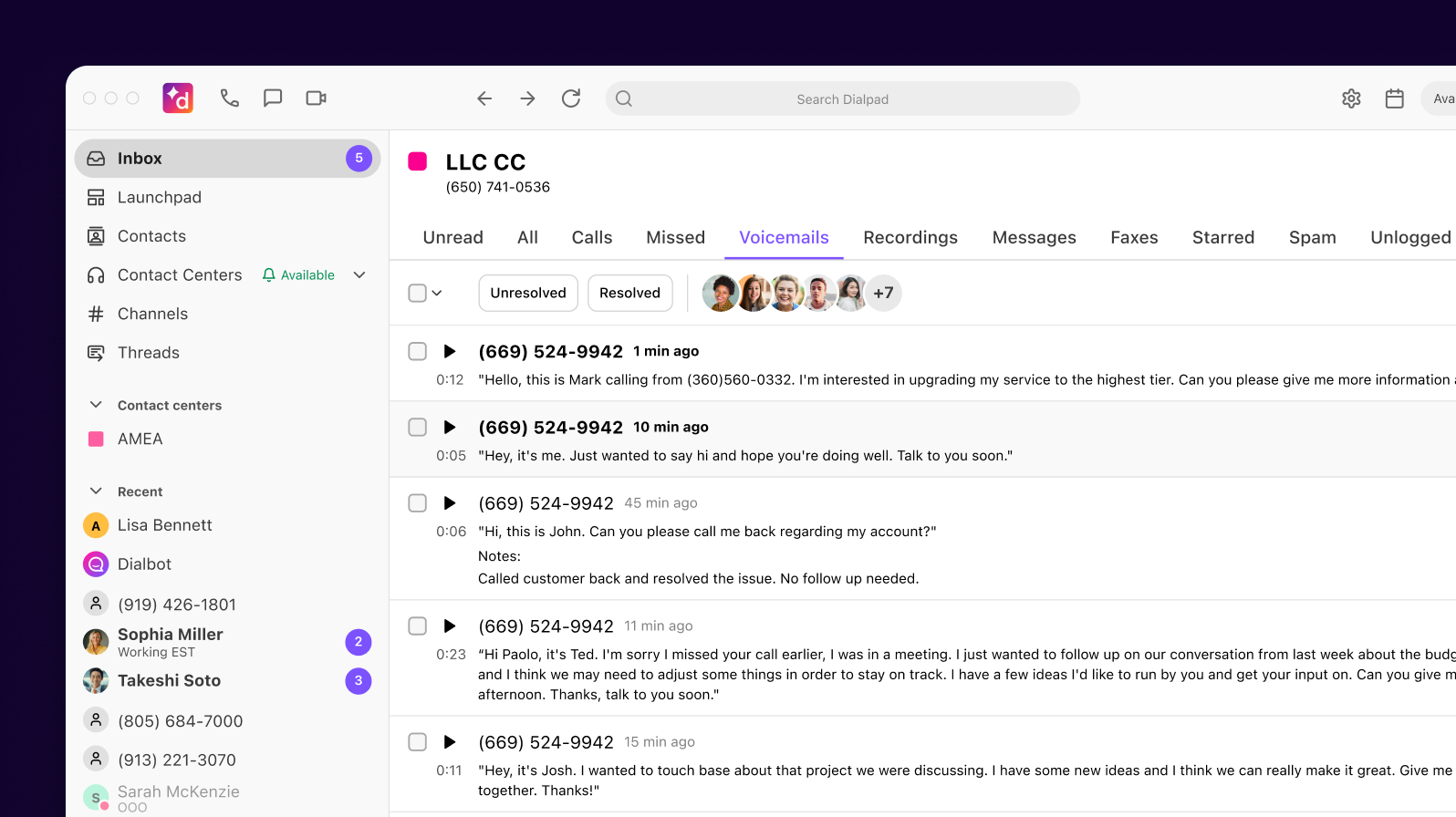 Visual voicemail dashboard screenshot