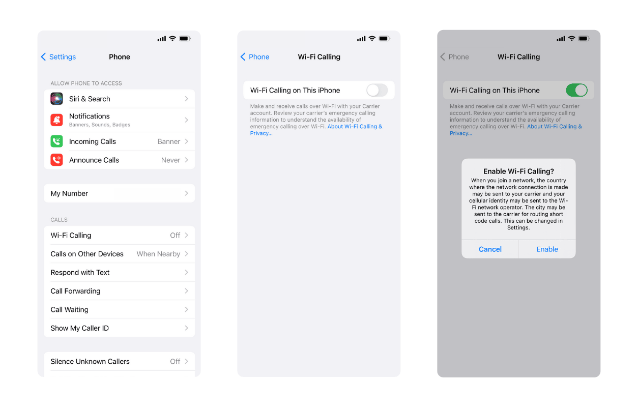 Screenshots of how to turn on the Wi-Fi calling feature on an iPhone