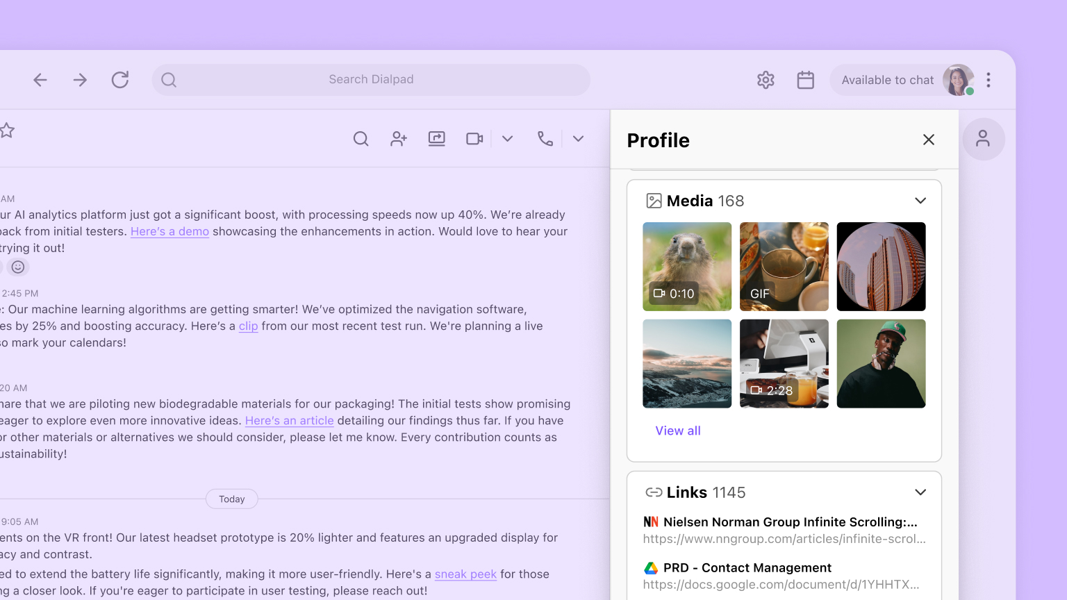 Find shared files, images, and links instantly with centralized cards