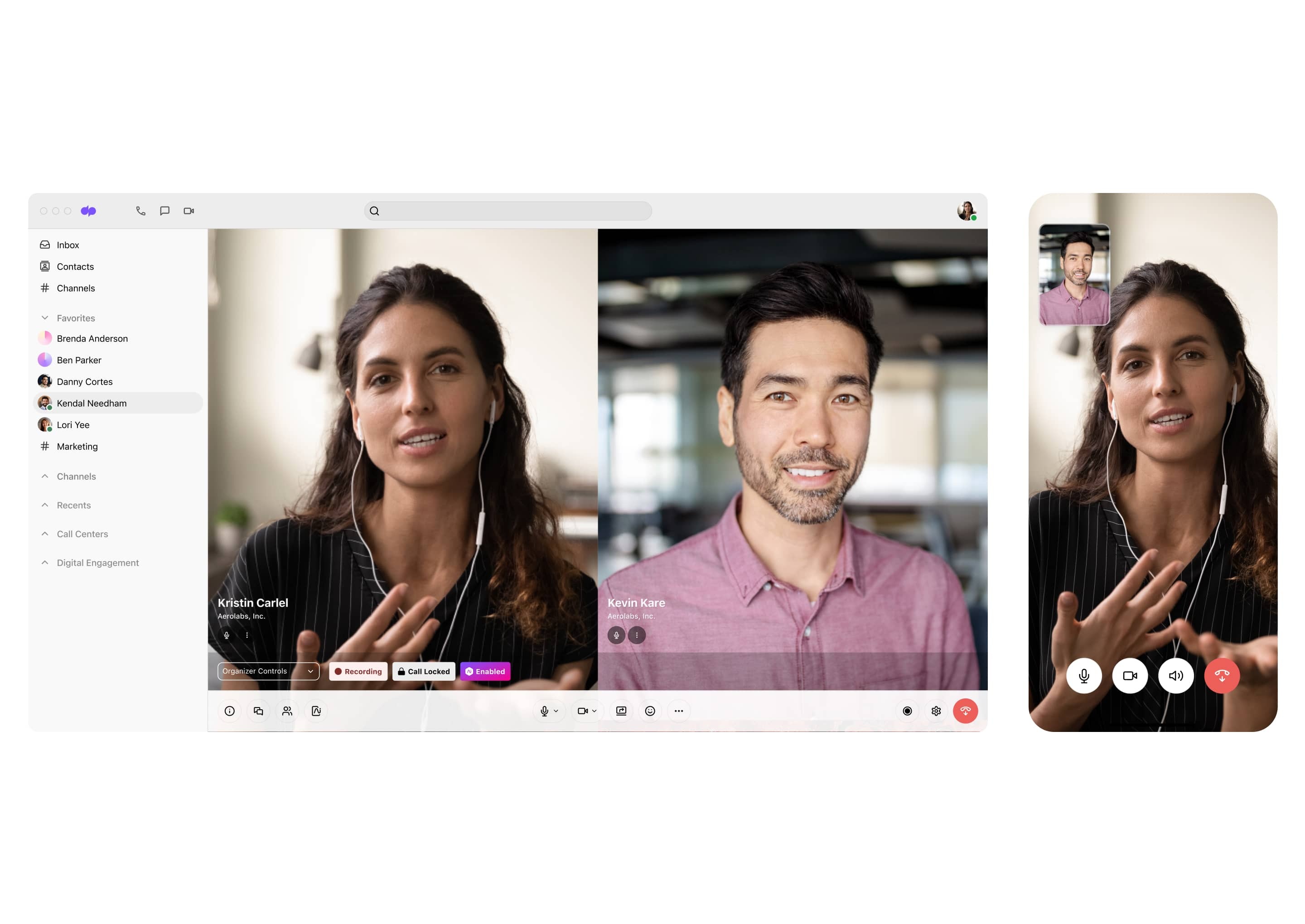 Screenshot of a video call in Dialpad's desktop and mobile app