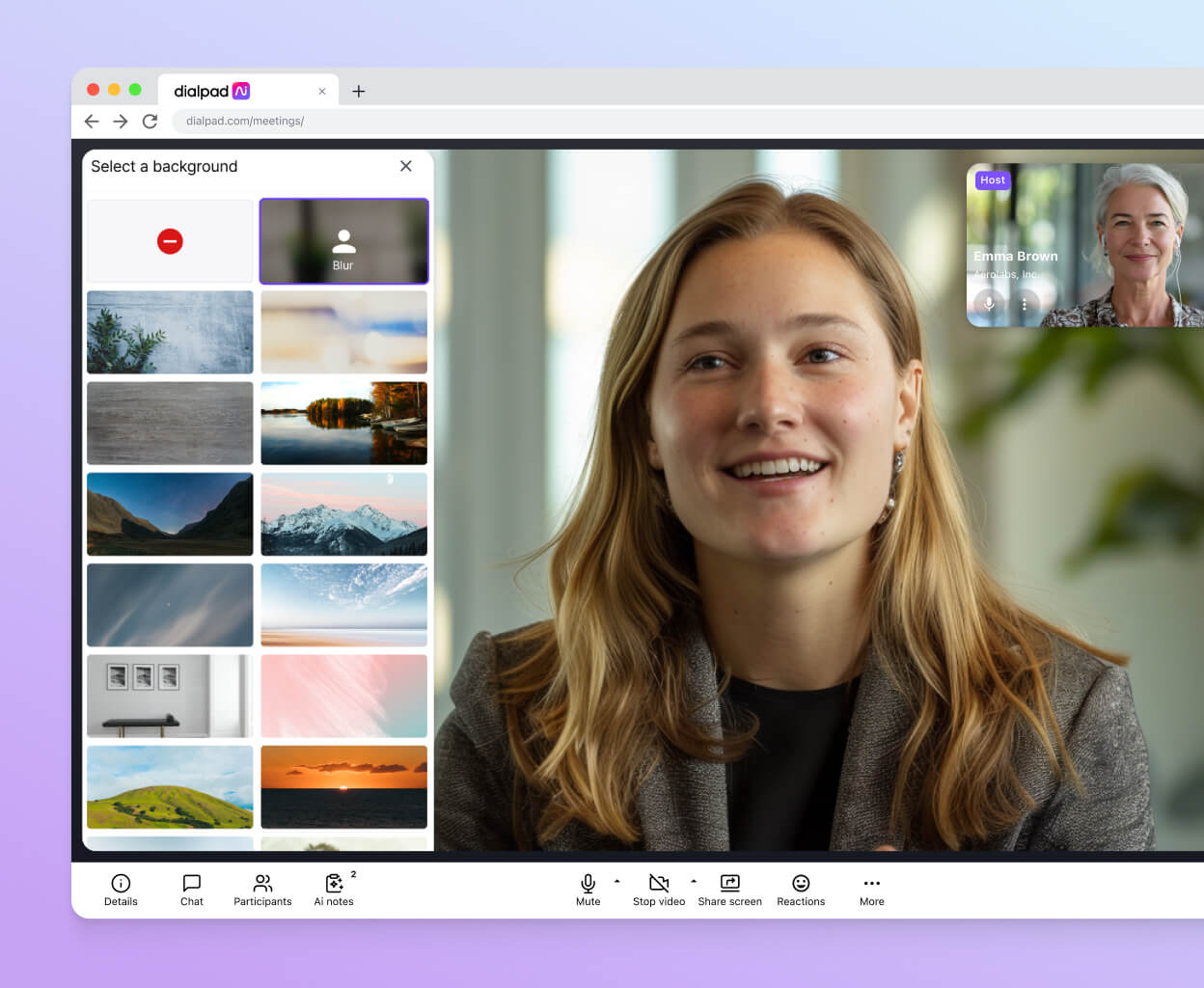 Screenshot of selecting a background for a video call in Dialpad