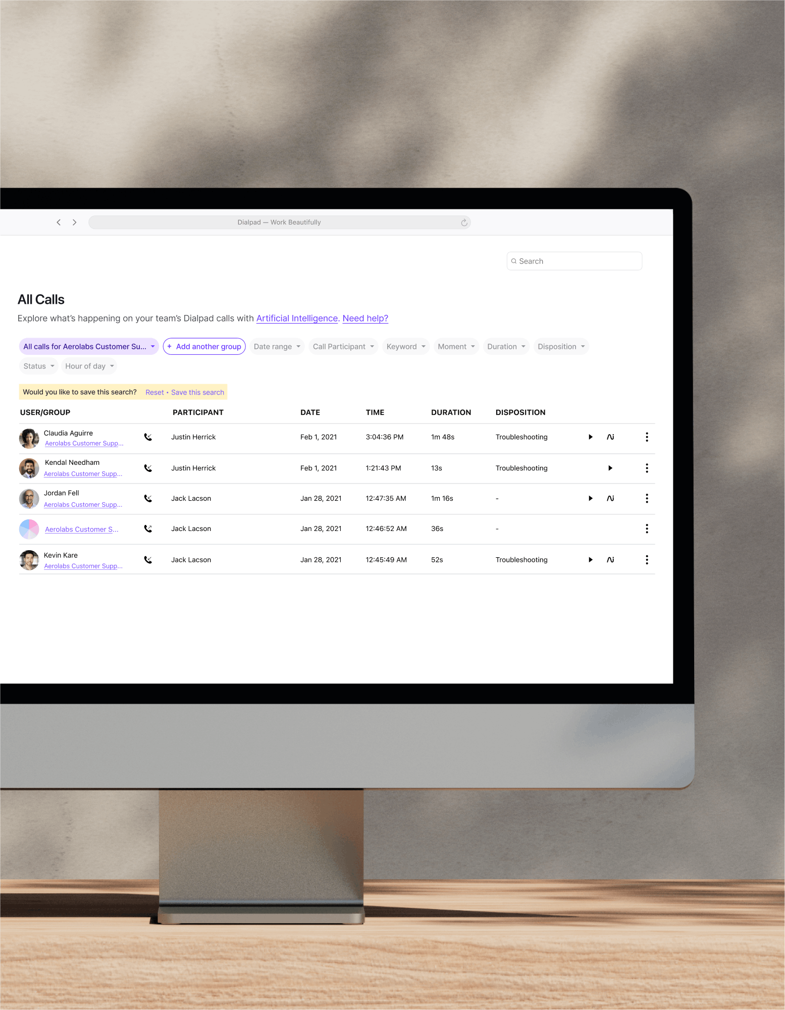 Computer monitor showing Dialpad's contact center platform user interface