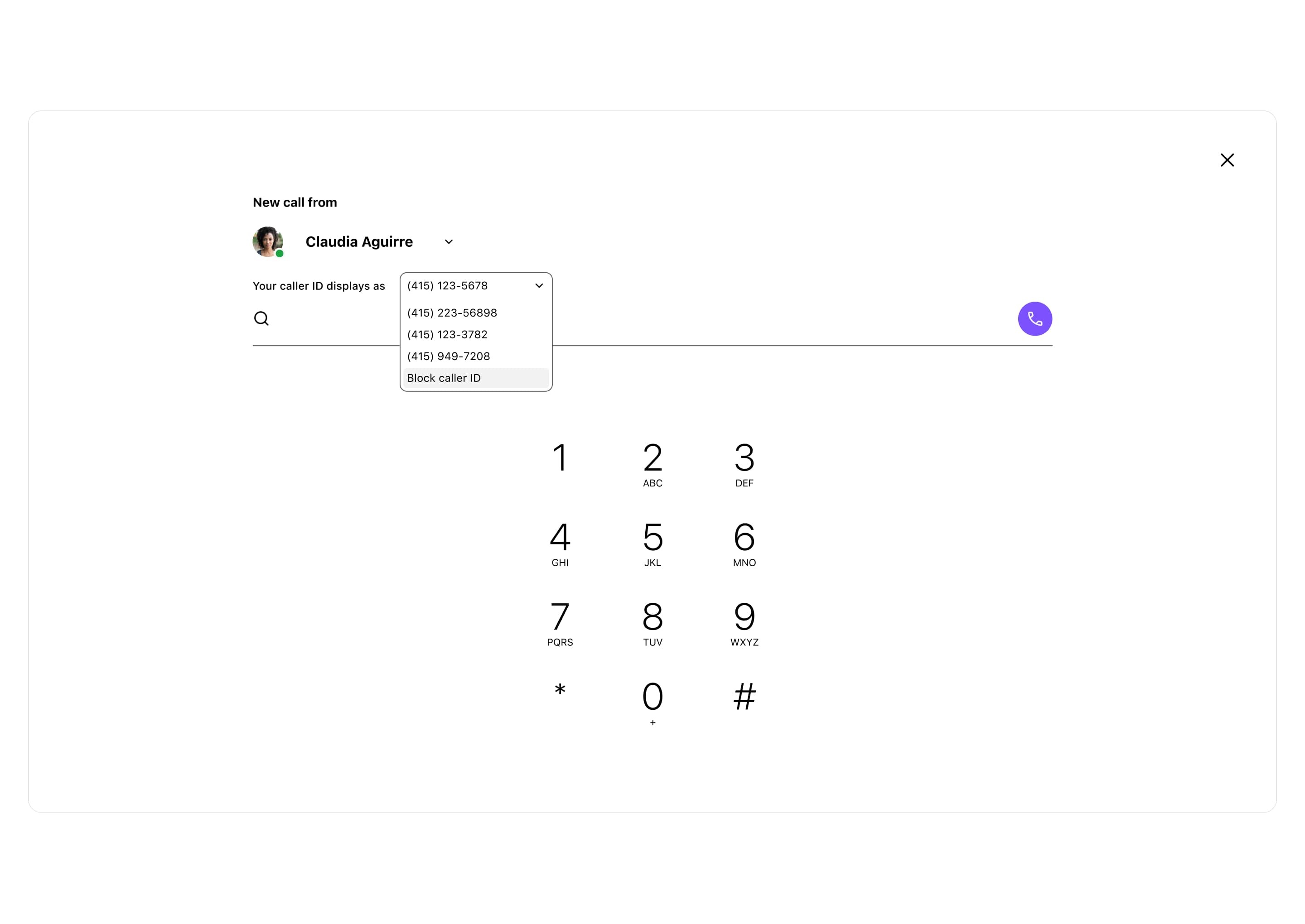 Choosing a caller ID to display when making a work call from one's personal cell phone using Dialpad's app.