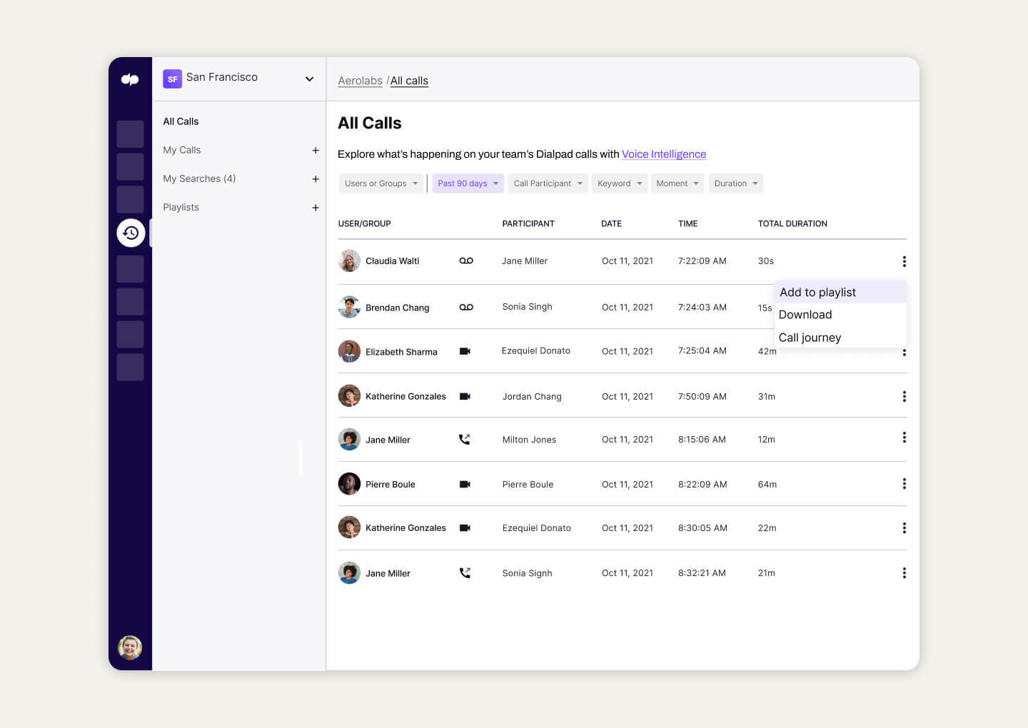 Creating a coaching call playlist in Dialpad
