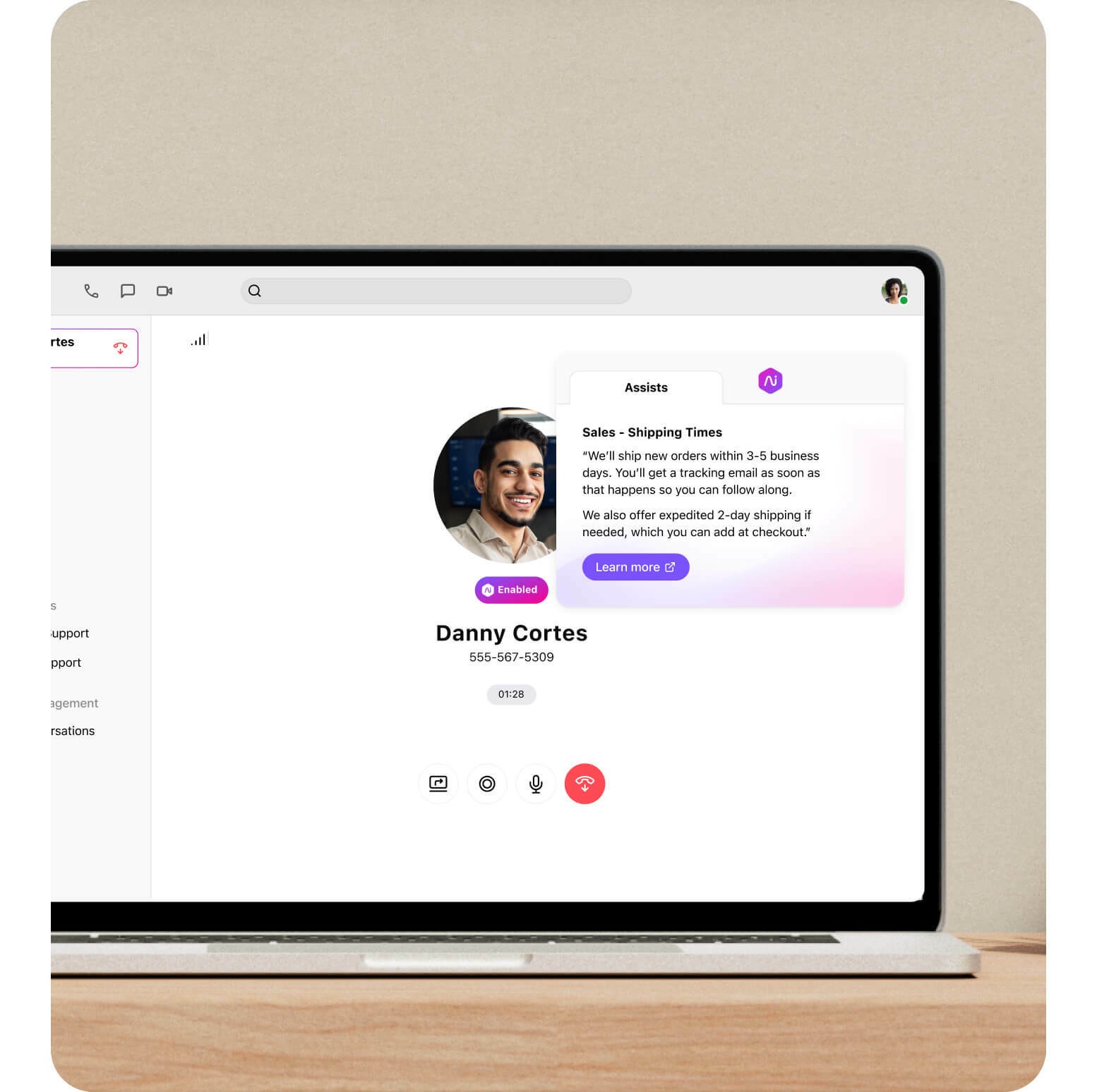 Computer monitor showing a call pop on a screen in dialpad's desktop app