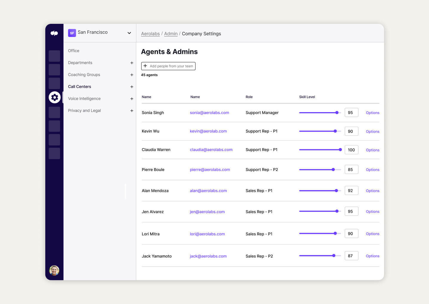 Adding agents to different departments from Dialpad’s contact center platform dashboard
