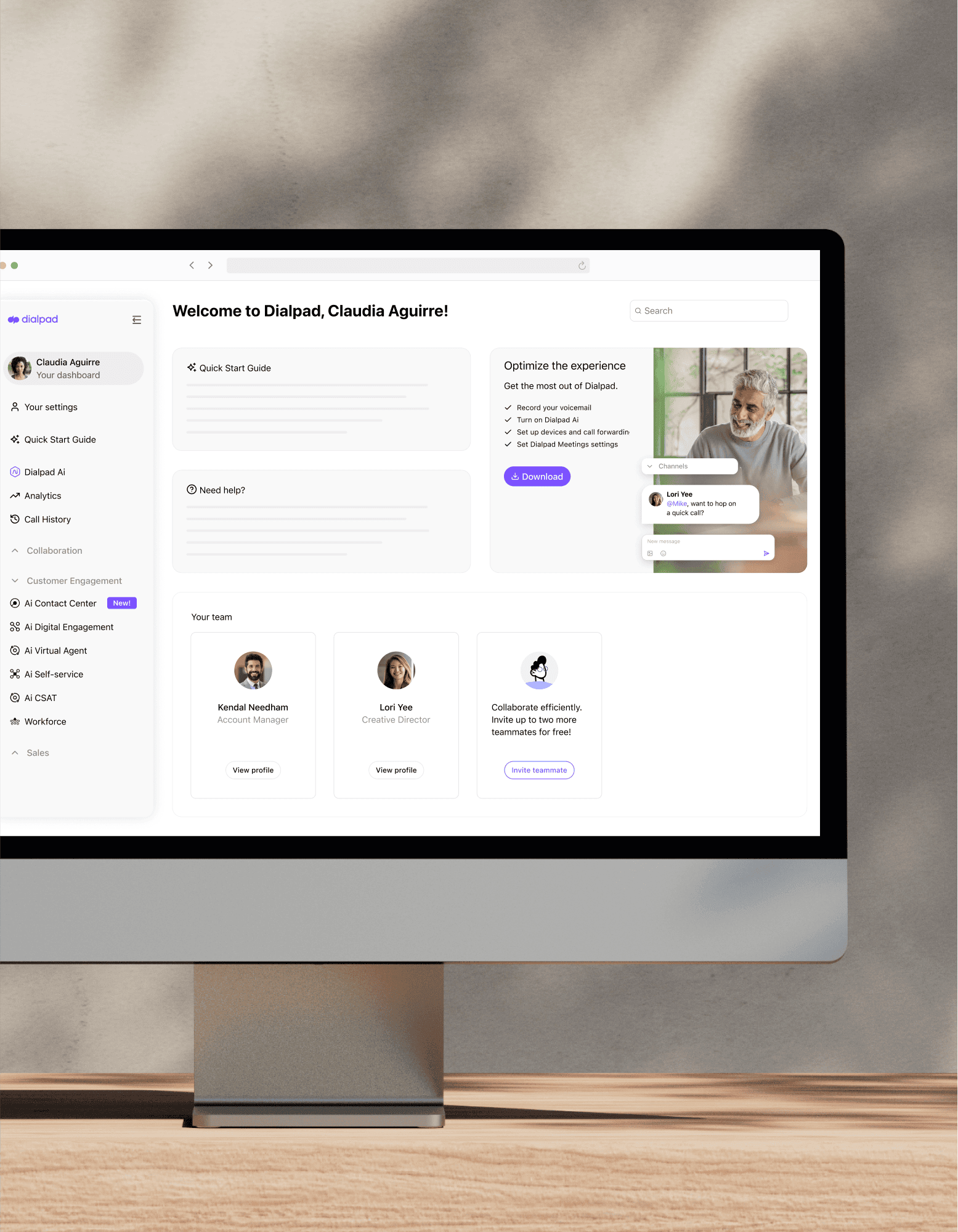 Computer monitor showing Dialpad being set up from the online dashboard