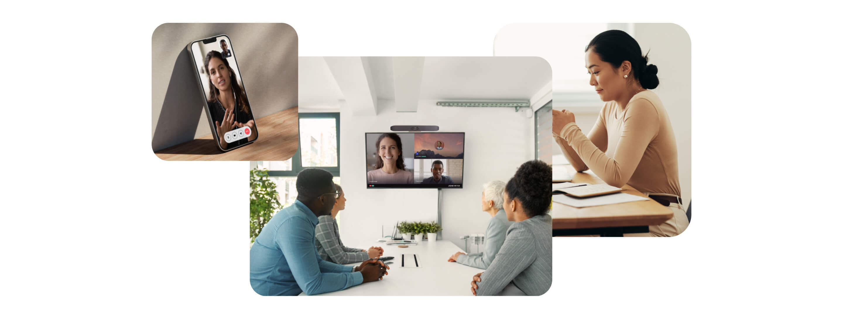 A mobile device, people on a meeting, and a woman working