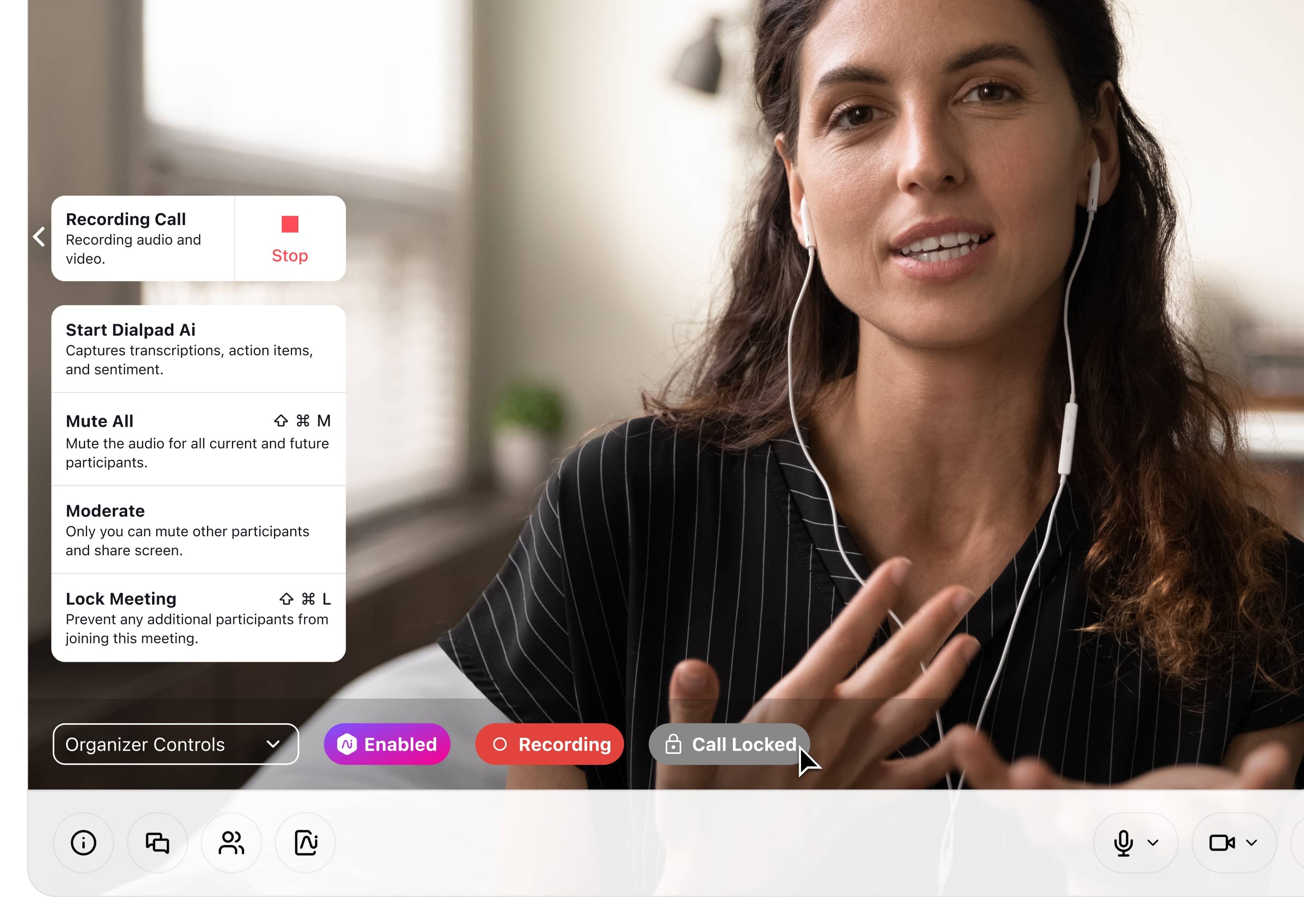 Screenshot of locking a video conference in Dialpad's using the built-in security controls.