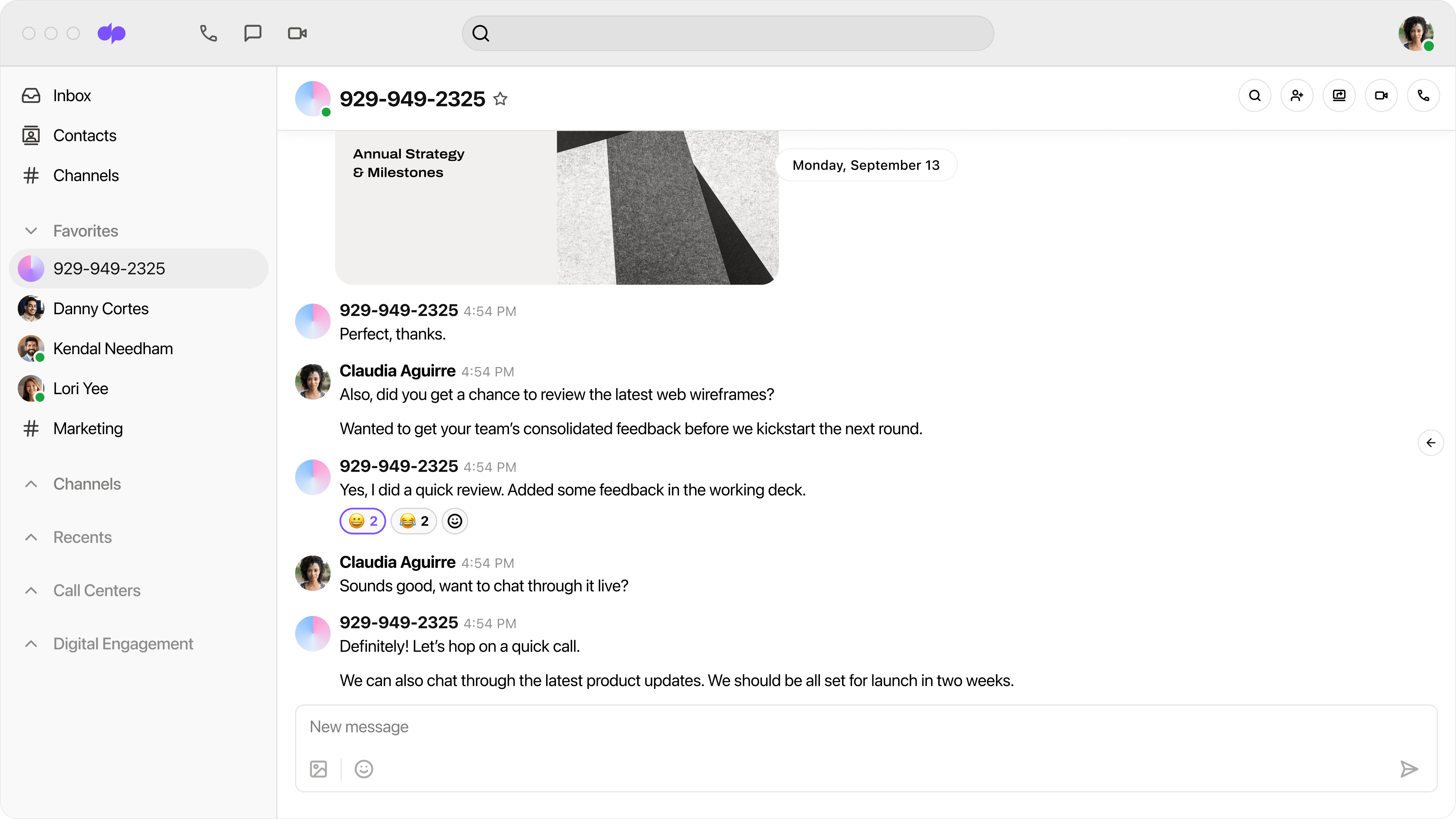 Screenshot of direct messaging through Dialpad