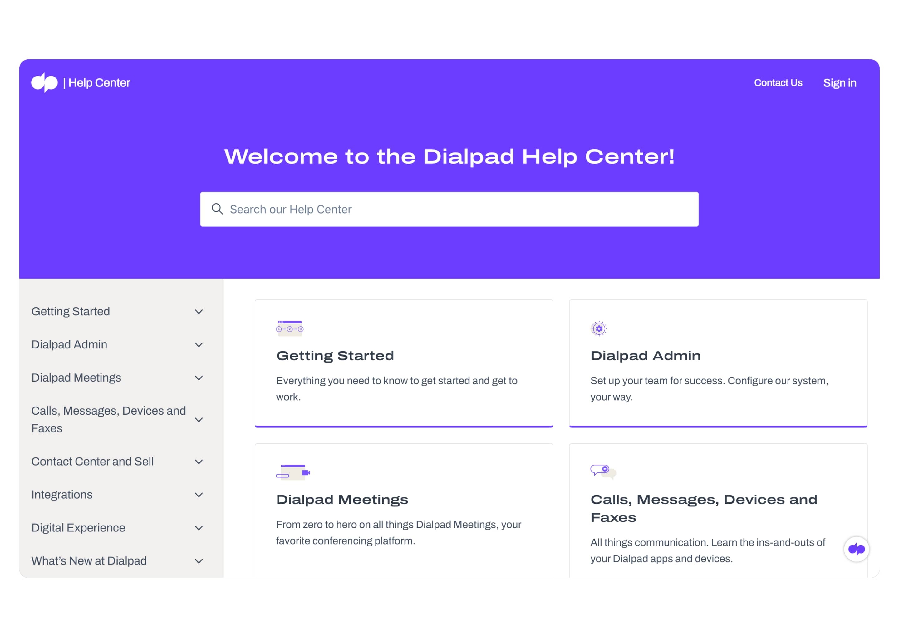 Screenshot of Dialpad's Help Centre page