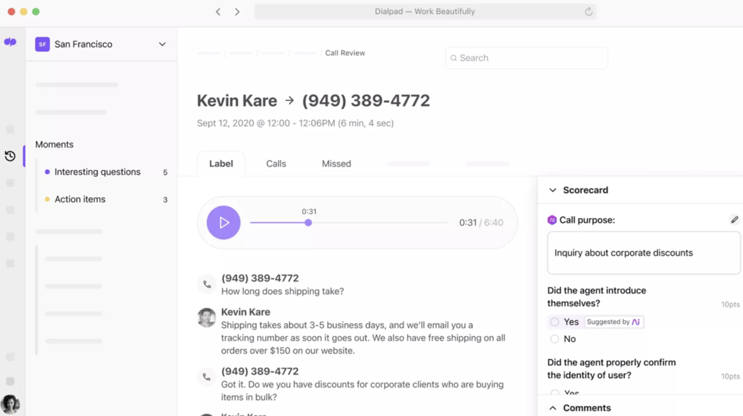 A Dialpad Ai QA Scorecard as it appears while a call is ongoing
