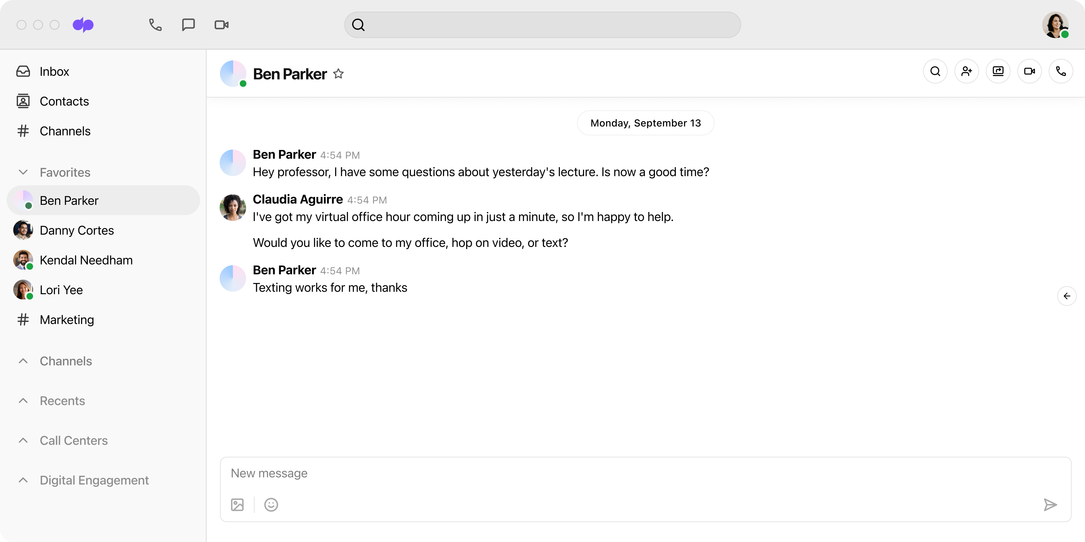 Text conversation between a teacher and student UI