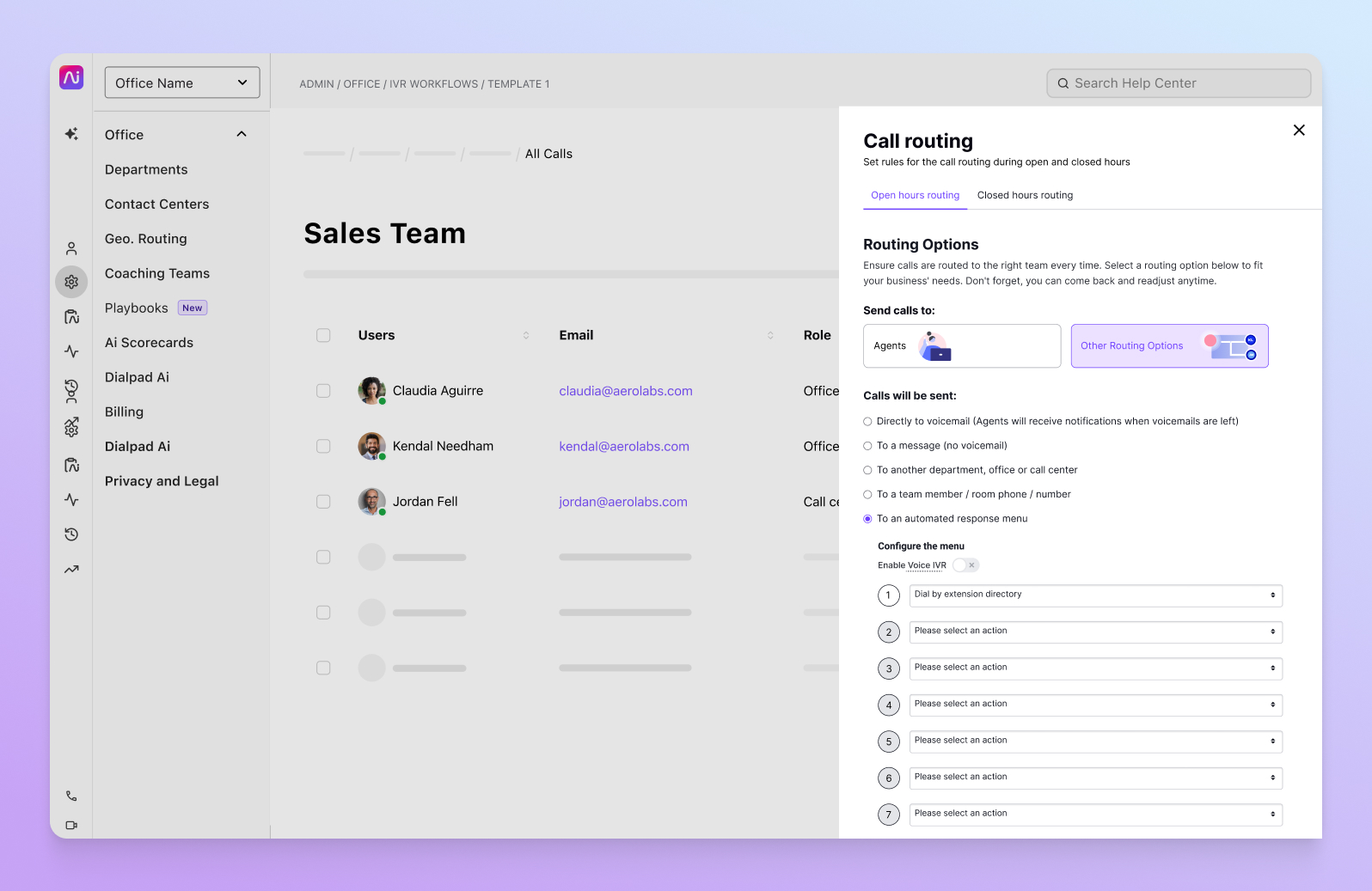 Screenshot of Dialpad-s call routing options