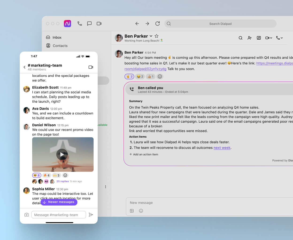 A user interface image of a messaging conversation thread in Dialpad’s desktop and mobile app