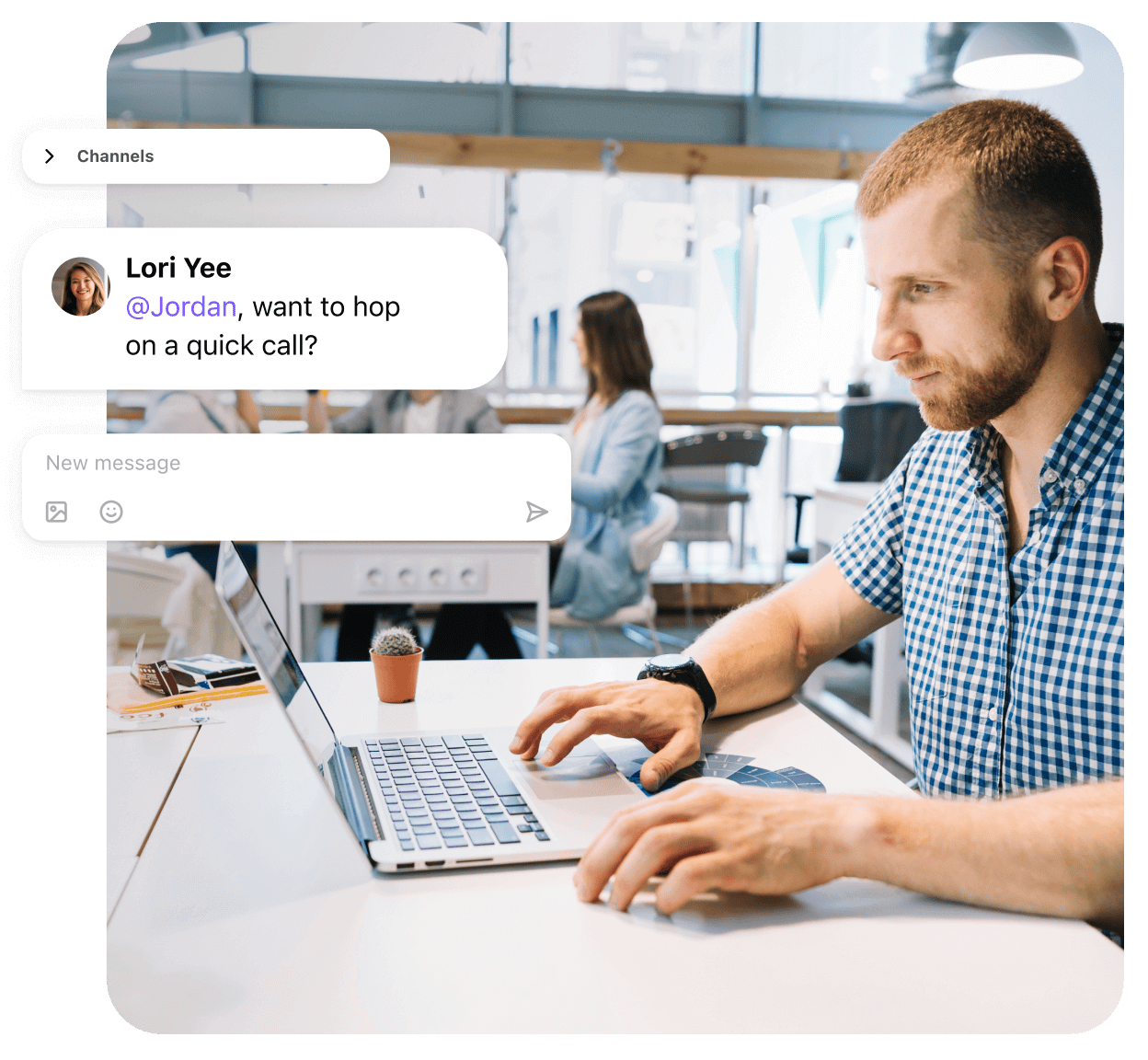 A tech guy chatting with his teammate