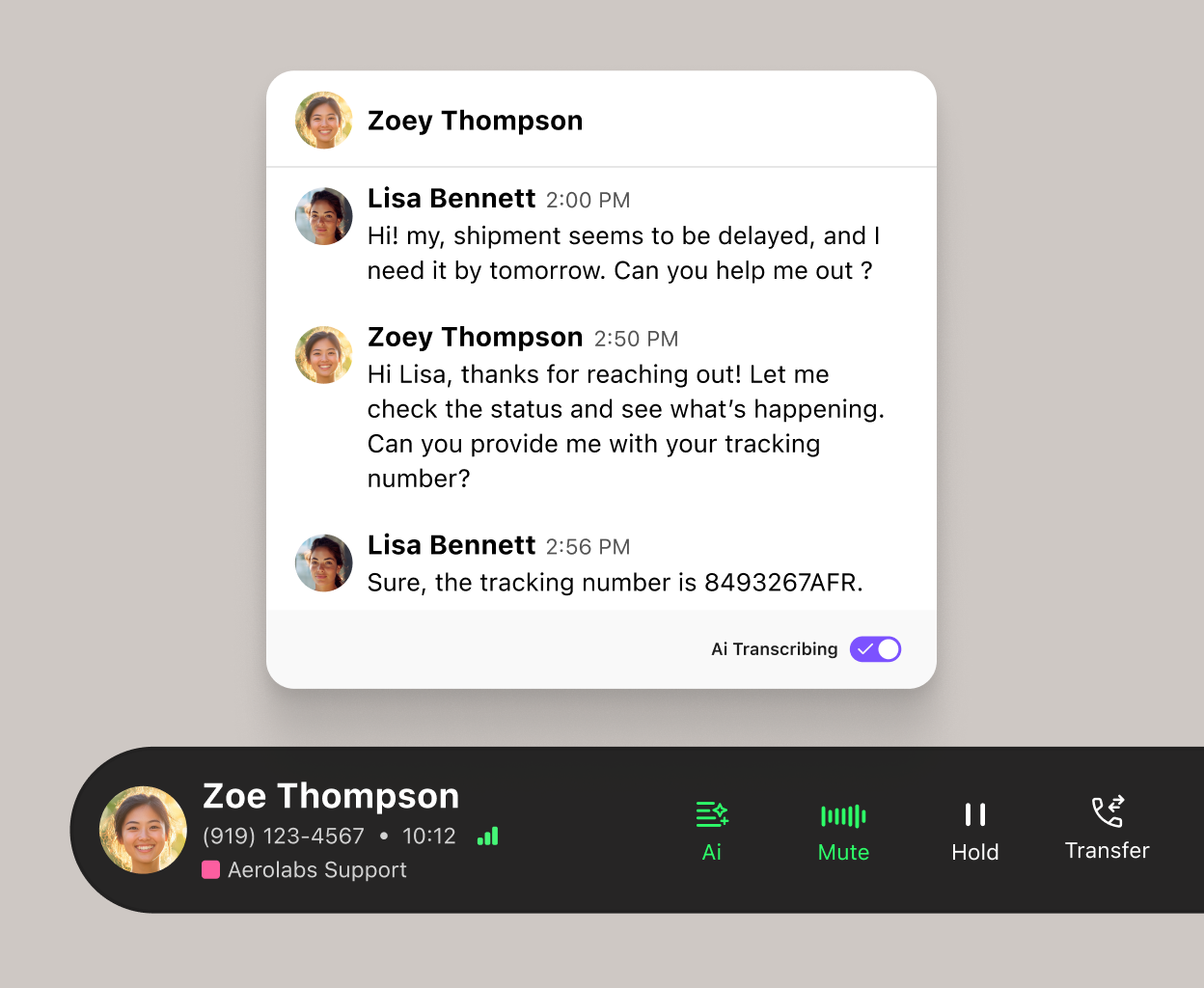 Screenshot of Dialpad AI transcribing a phone call in real time