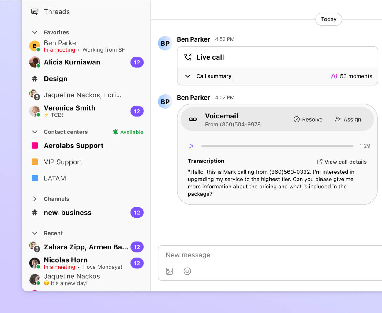 Screenshot of a voicemail transcription from Dialpad, displaying the message text