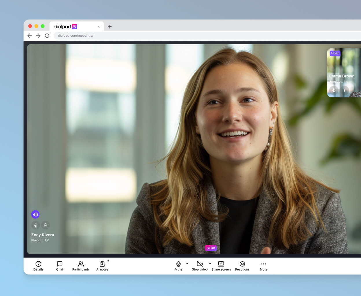 Screenshot of a video call happening in a web browser using Dialpad