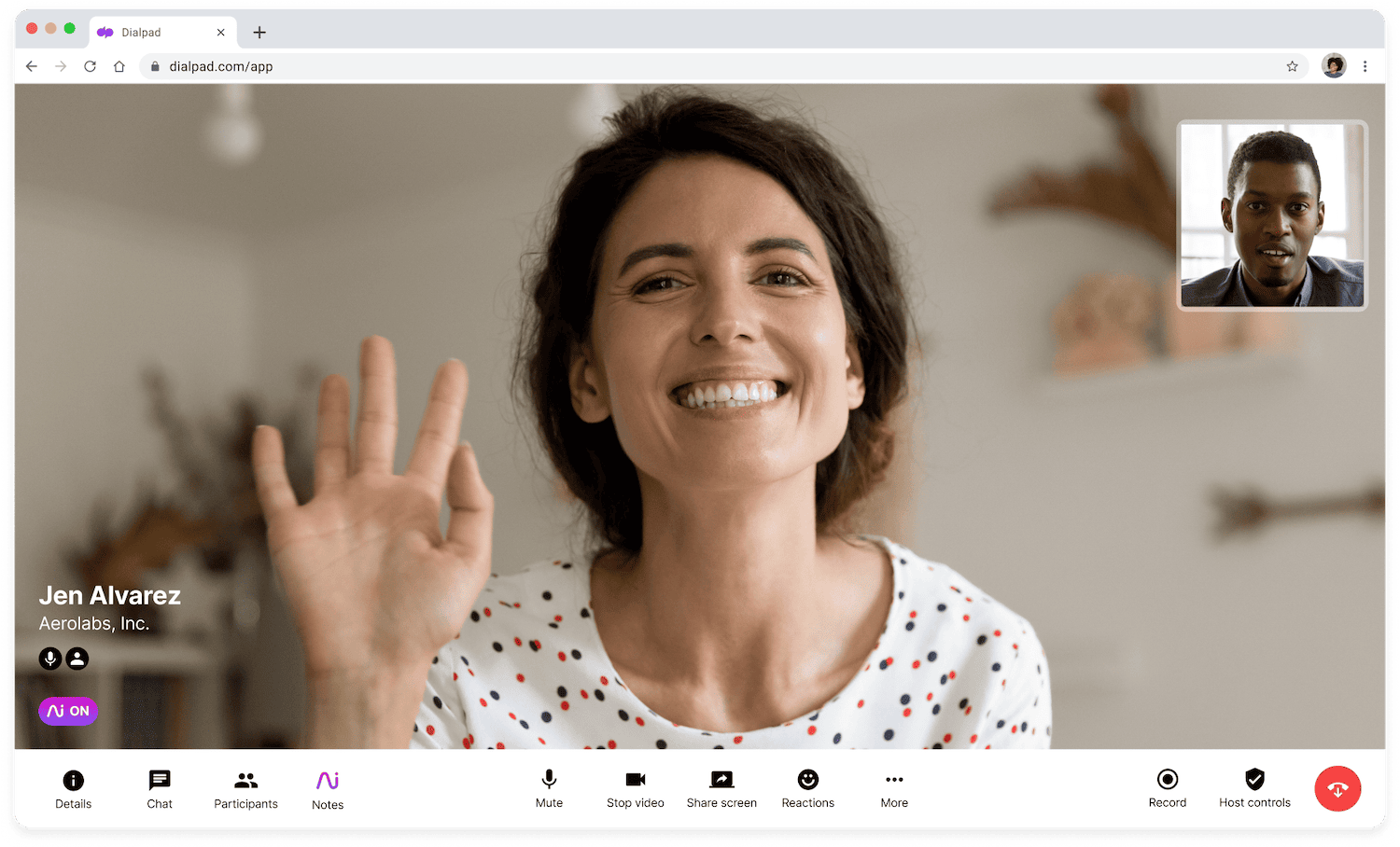 Screenshot of a video call happening in a web browser using Dialpad