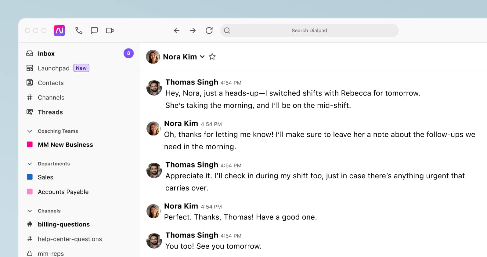 Screenshot of team members using Dialpad Connect to discuss shift changes