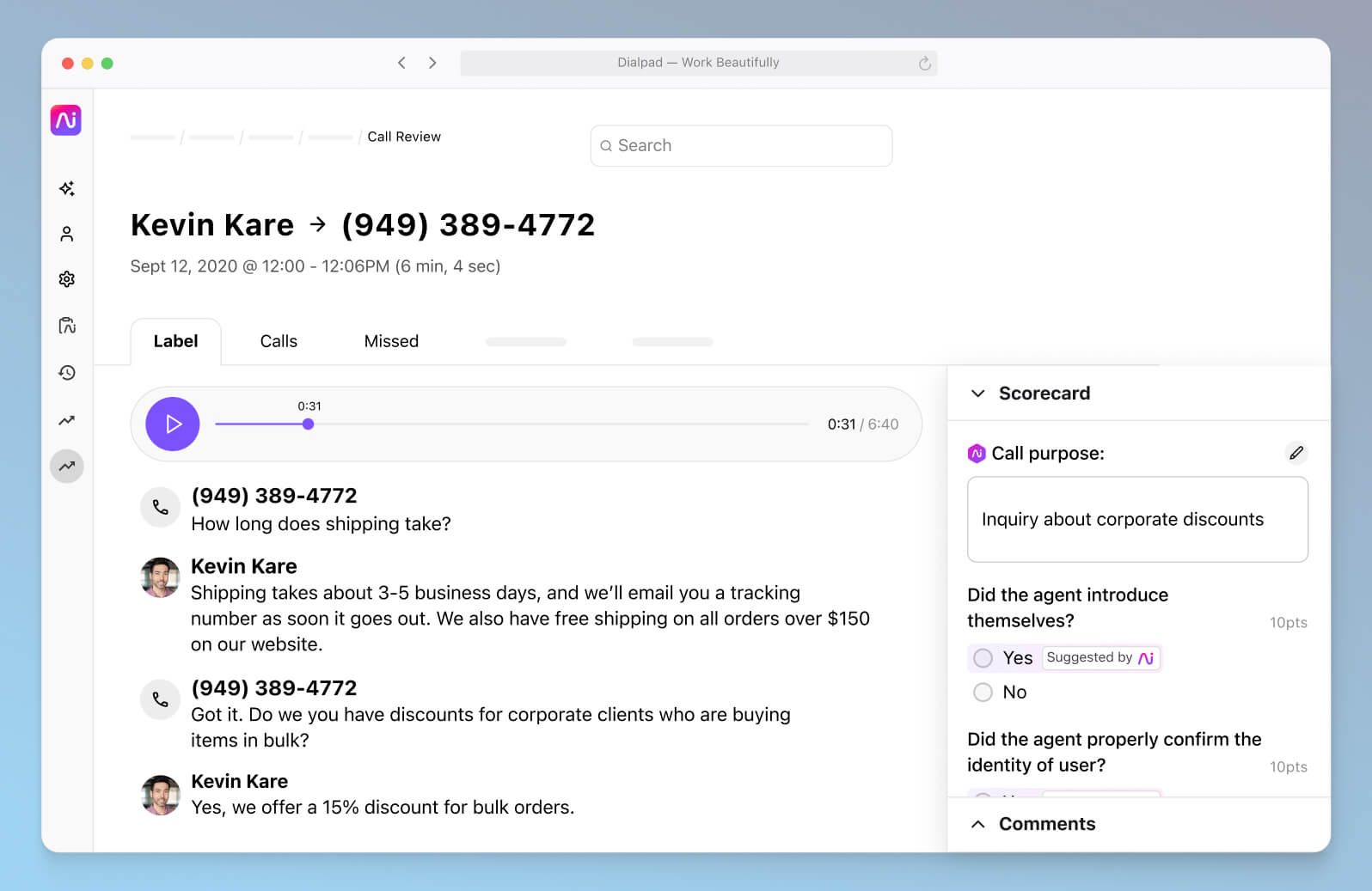 Screenshot of Dialpad-s AI-powered post-call summary with transcript and recording