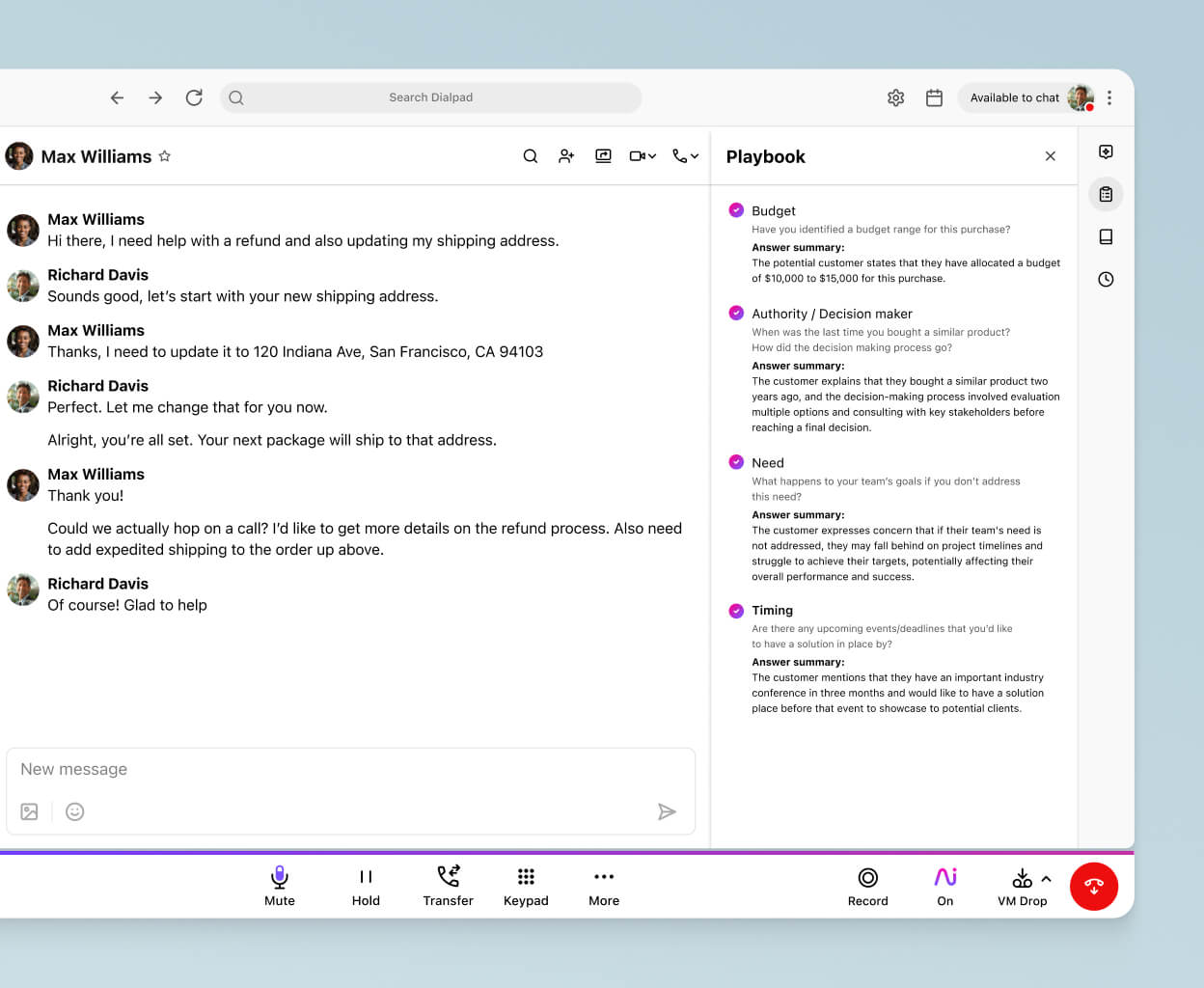 Screenshot of Dialpad AI suggesting BANT sales playbook tasks for a rep in real time
