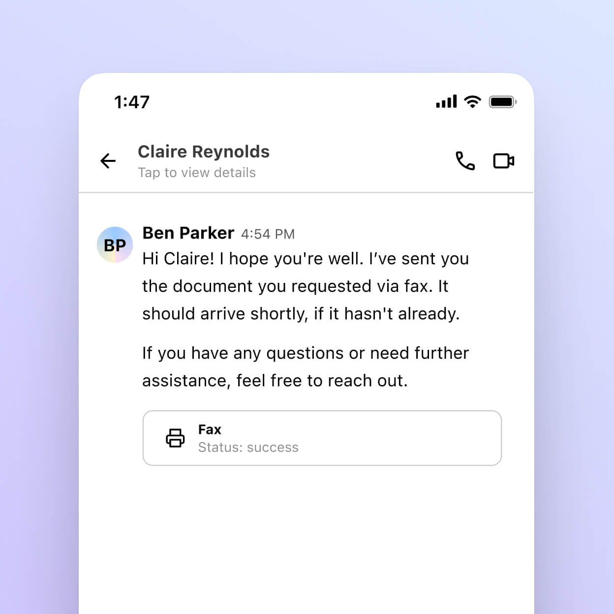 Screenshot showing a virtual fax being sent in Dialpad app