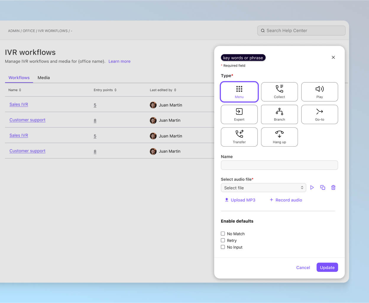 Screenshot of adding an IVR workflow in Dialpad