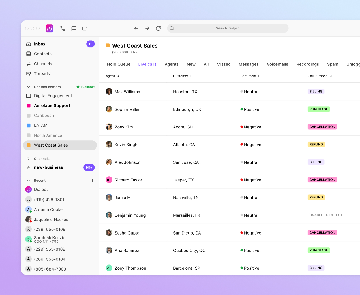 Adding agents to different departments from Dialpad’s contact center platform dashboard