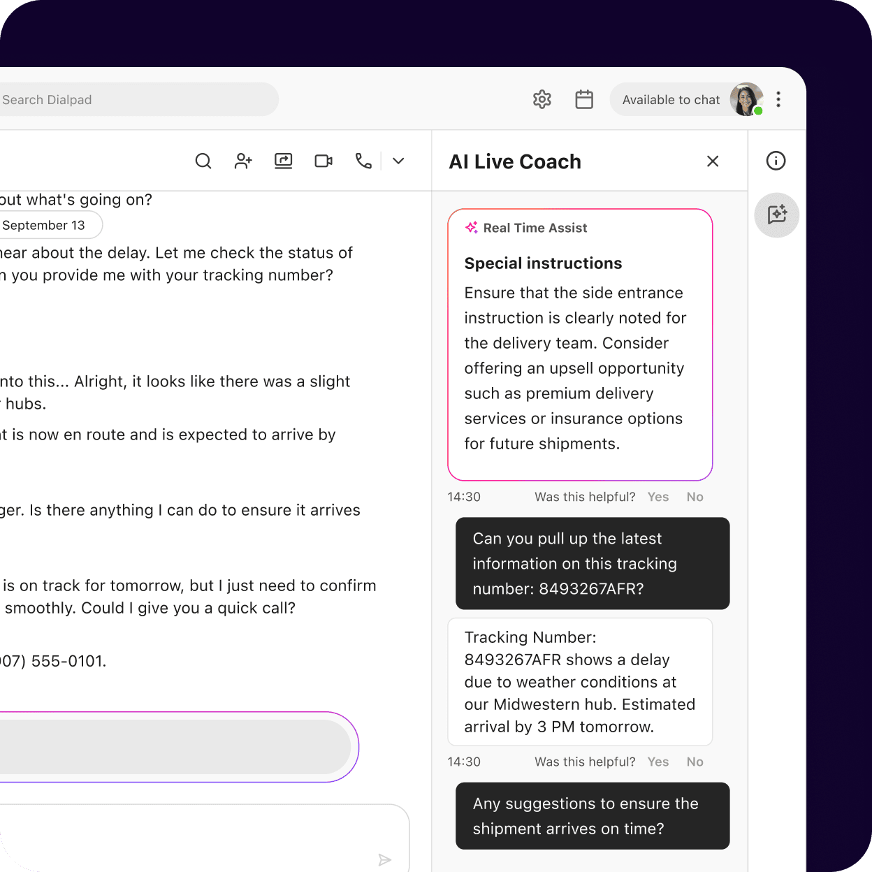 Screenshot of Dialpad's AI Live Coach