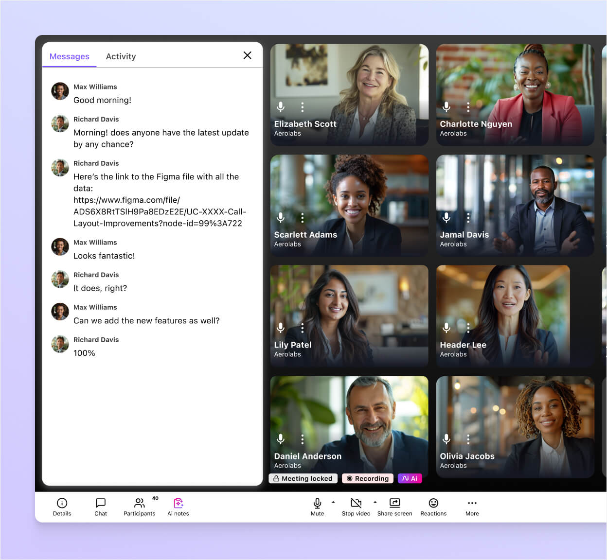 Screenshot of the in-meeting chat feature in Dialpad, showcasing group messaging during a conference call