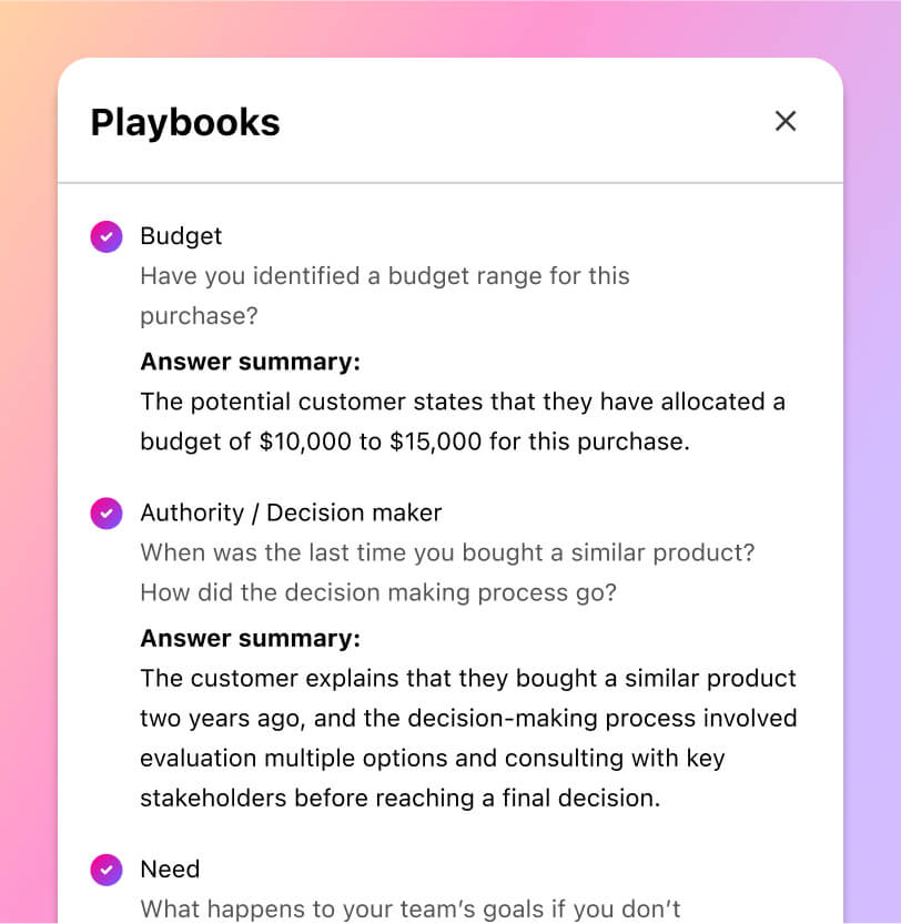 Screenshot of Dialpad Ai suggesting BANT sales playbook tasks for a rep in real time