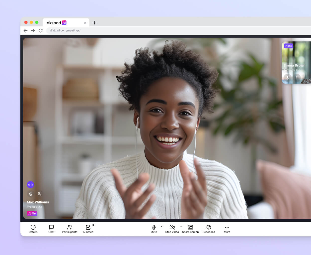 Screenshot of Dialpad's video conferencing interface displayed in a browser, showing a video feed with two participants