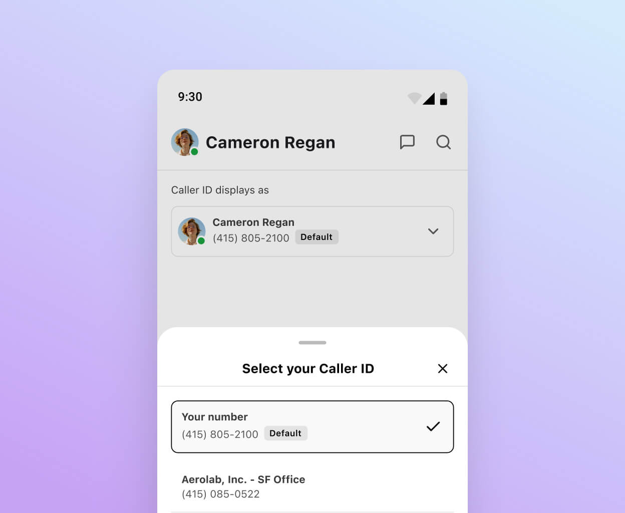 Screenshot of choosing a caller ID to display when making a work call using Dialpad's app