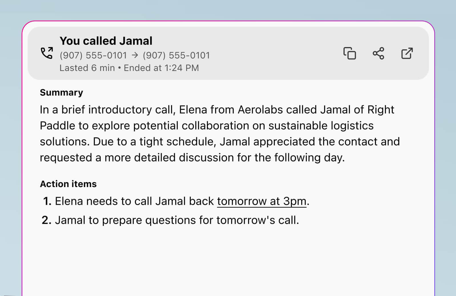 Screenshot of Dialpad Ai Recaps generating a summary and action items after a phone call ends