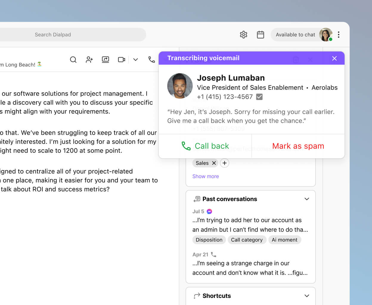 Screenshot of Dialpad AI transcribing a voicemail