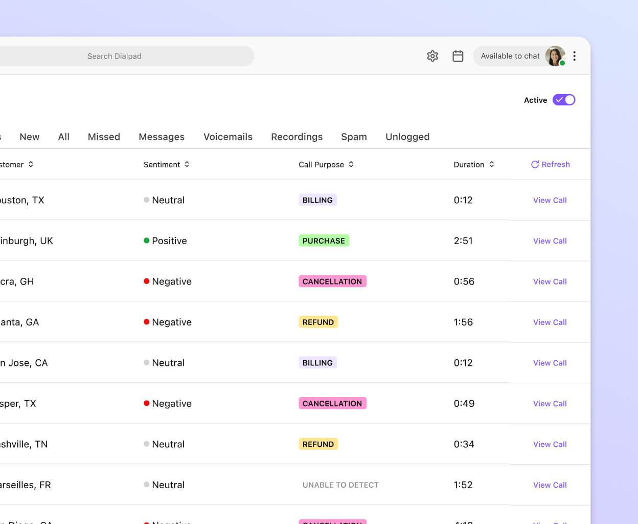 Screenshot of Dialpad AI analyzing calls to identify purposes and provide topic insights