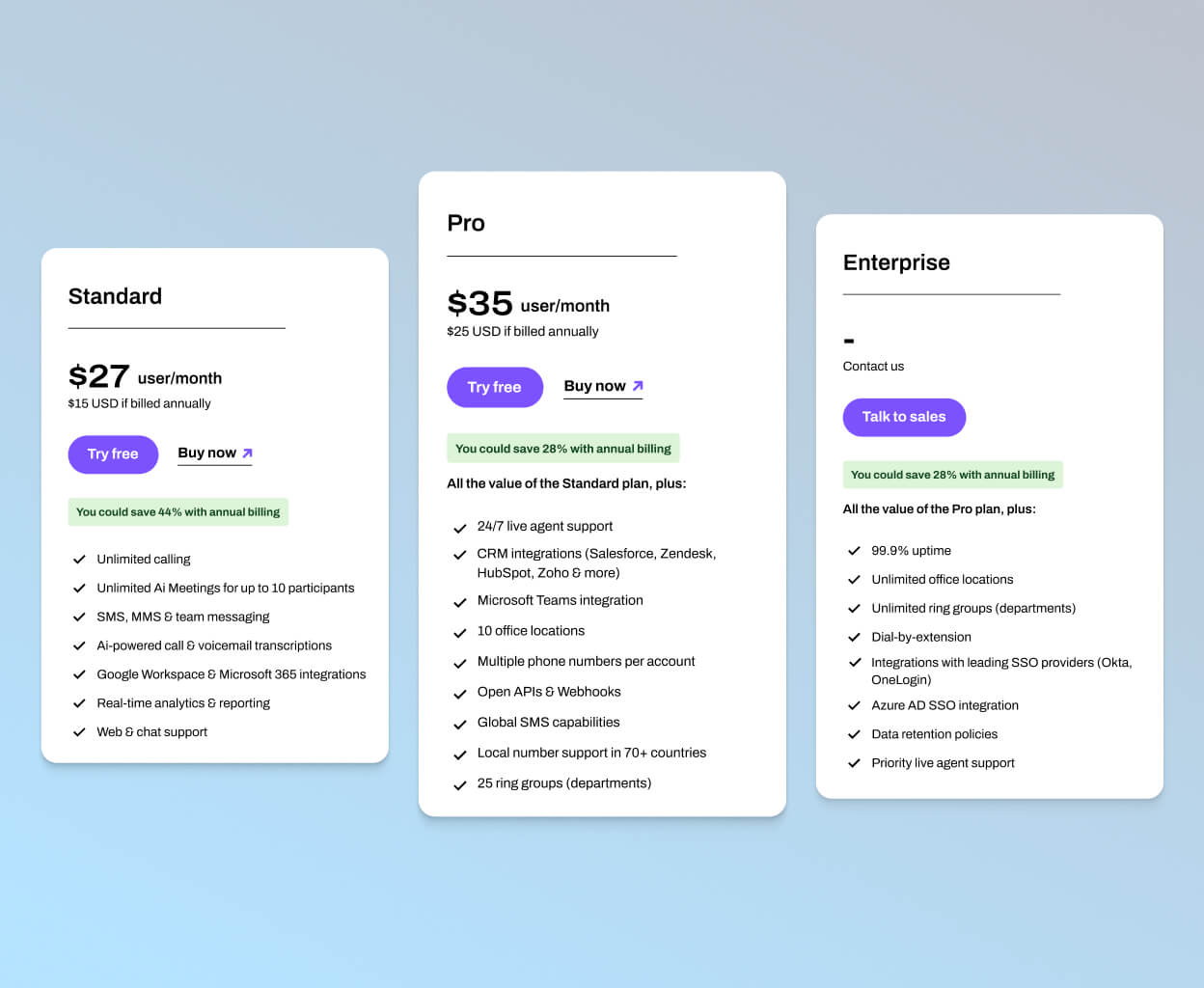 Screenshot of Dialpad Business Communication pricing tiers
