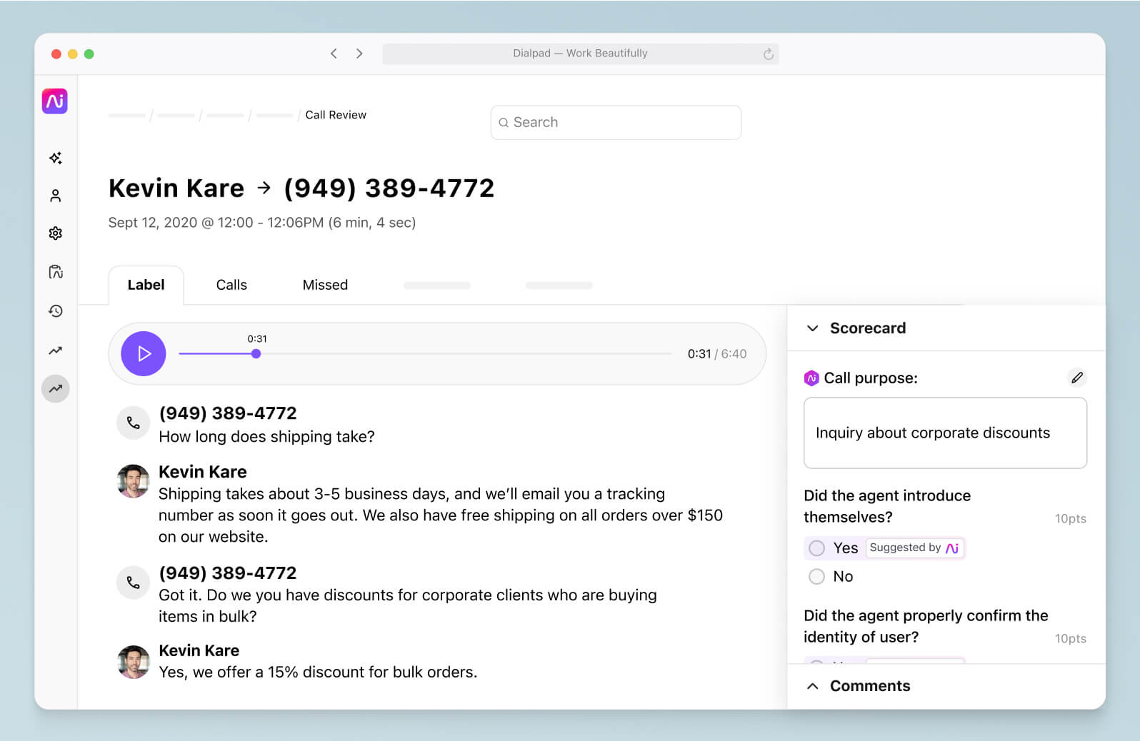 Screenshot of Dialpad Ai Scorecard showing which part of the call an agent met the criteria