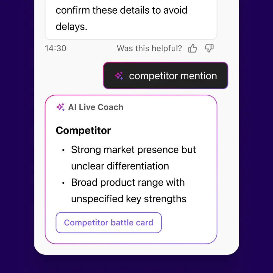 Ai Live Coach providing a sales professional with information on a competitor in real time during a sales call