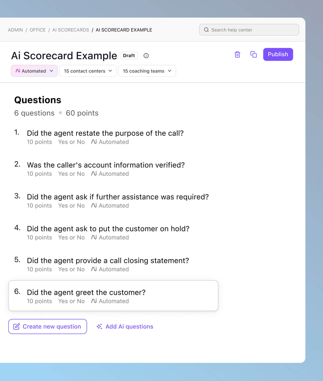 Screenshot of call criteria listed in Dialpad-s AI-powered QA scorecards