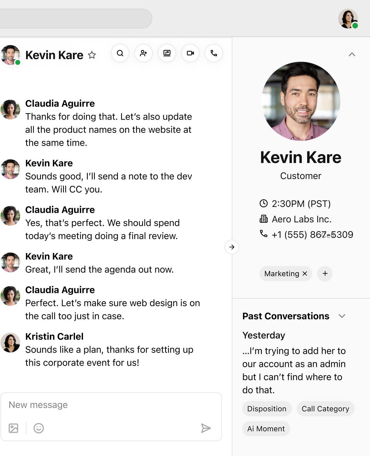 Screenshot of contact information with past conversations
