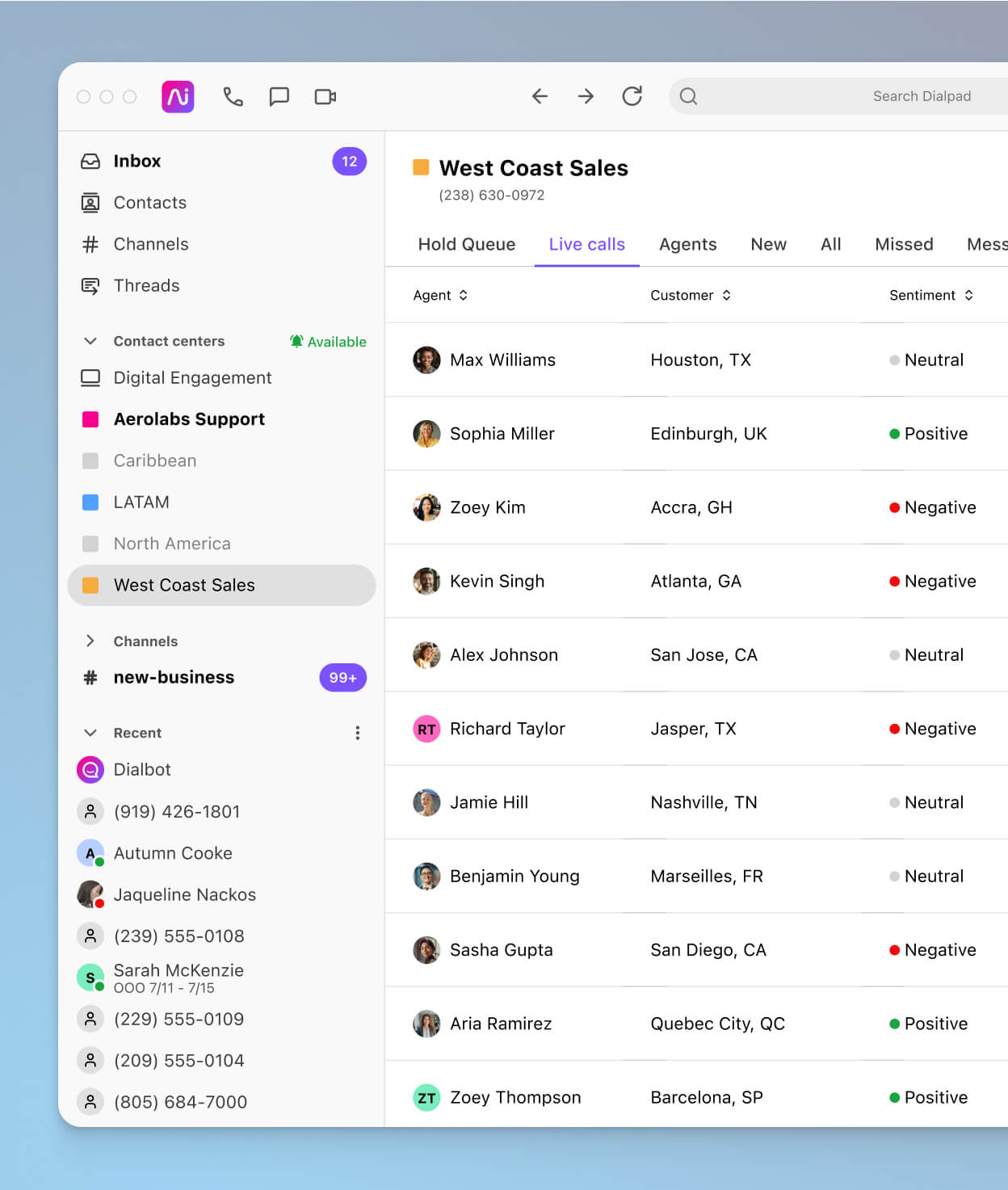 Screenshot of Dialpad Ai analyzing the sentiment of multiple calls in real time