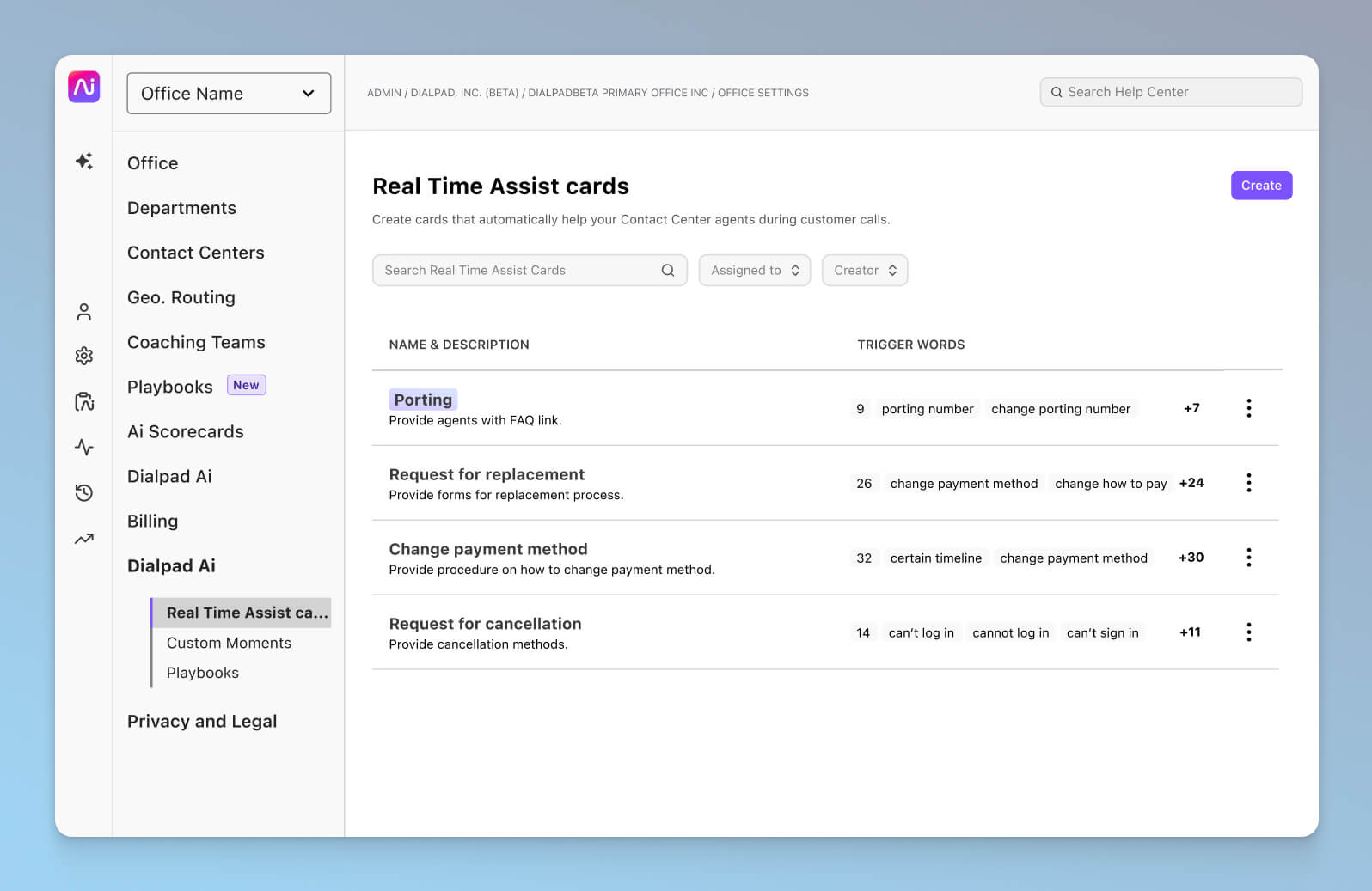 Screenshot of Real-time Assist (RTA) cards in Dialpad, created by admins to automatically guide contact center agents during calls
