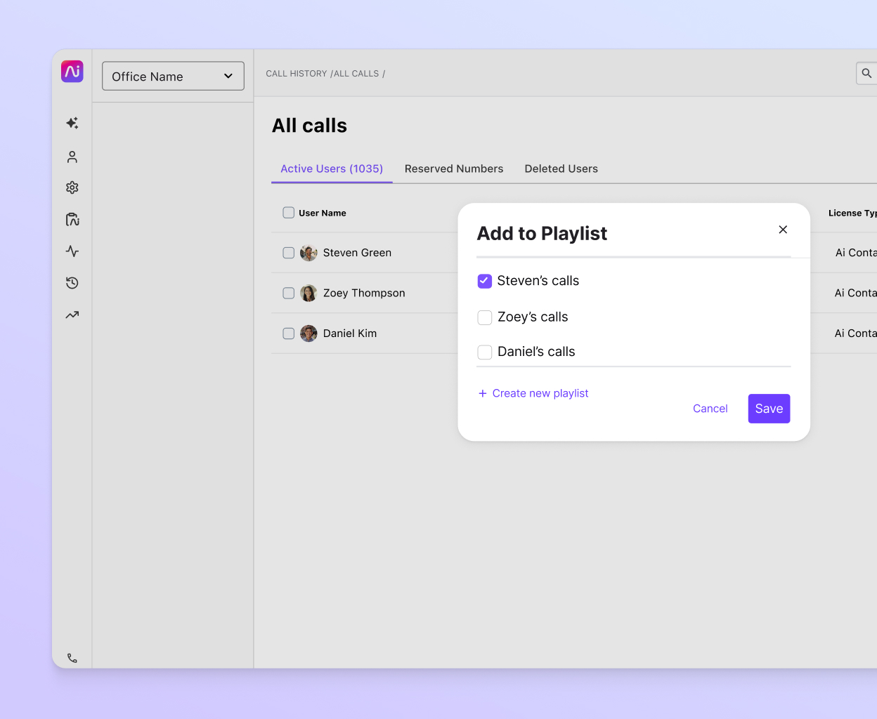 Screenshot of creating a coaching call playlist in Dialpad