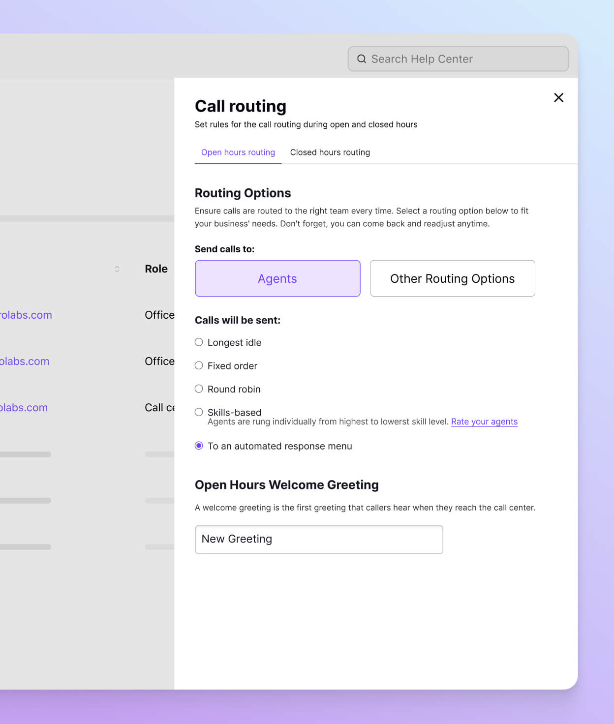 Screenshot of Dialpads call routing options