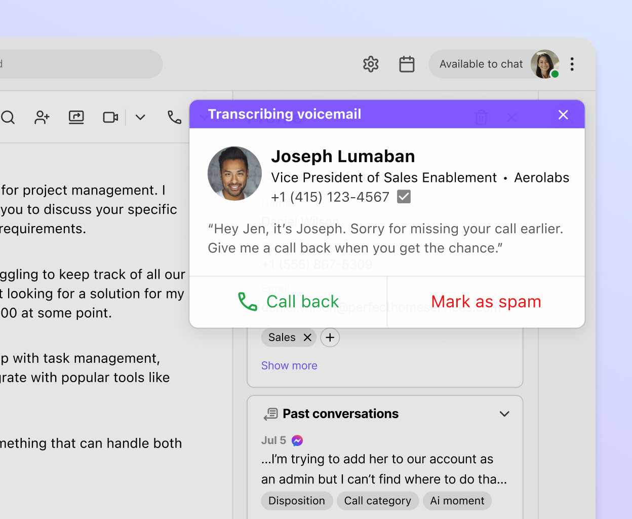 Screenshot of Dialpad AI transcribing a voicemail message in real time