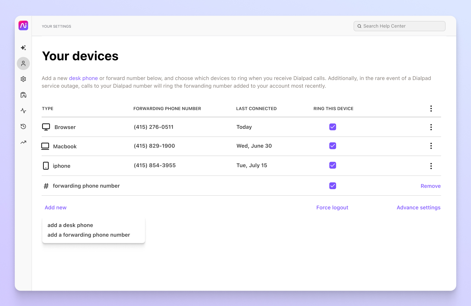 Adding call forwarding numbers in Dialpad.