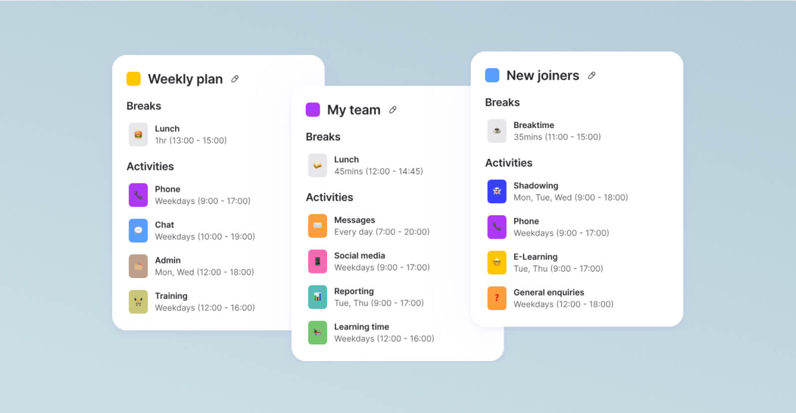 Graphics representing Dialpad WFM scheduling visualizations for weekly planning, team schedules, and new joiners